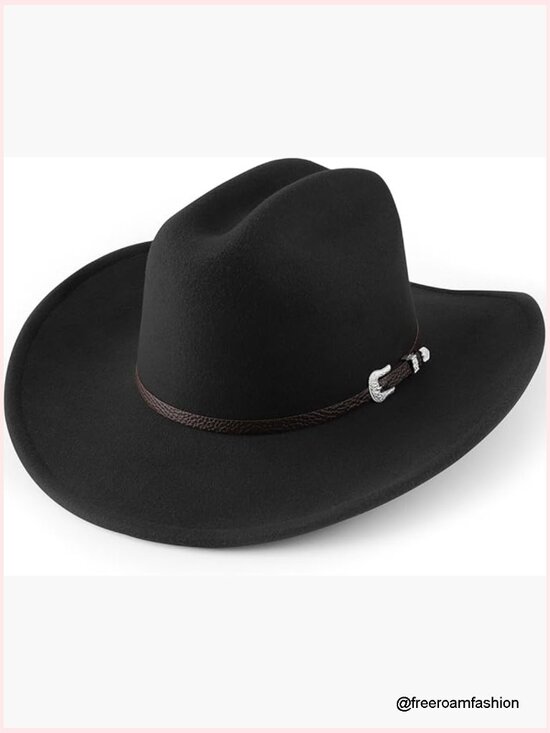 Classic Felt Western Cowboy Hat with Belt Buckle Retro Wide Brim Fedora main image 4